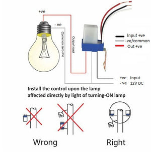 DC 12V Photocell Sun Switch Automatic On/off Light Control Sensor Switch 10A Day Night Sensor Switch For Lights - the sensor with three wires connected to a light bulb and a 12V DC power source.