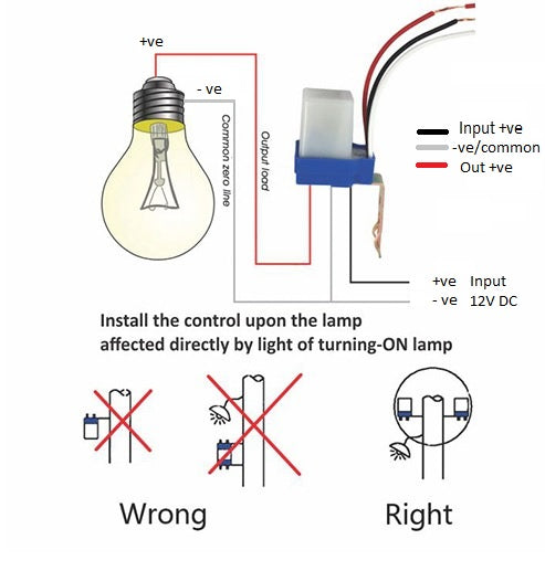 DC 12V Photocell Sun Switch Automatic On/off Light Control Sensor Switch 10A Day Night Sensor Switch For Lights - the sensor with three wires connected to a light bulb and a 12V DC power source.
