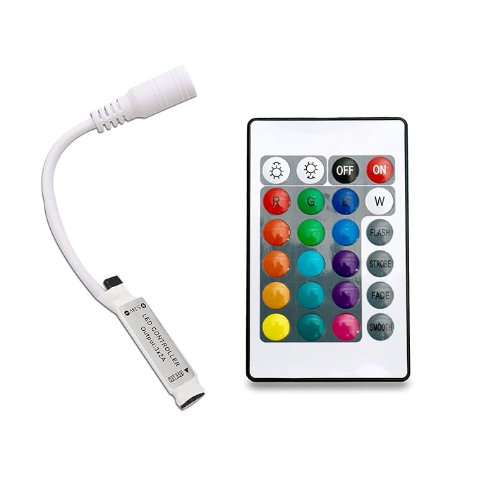 DC 12V RGB Remote Controller 24 Keys Plus LED Driver Dimmer For LED Strip Light - a white LED controller with a connector cable beside a 24-key remote control.