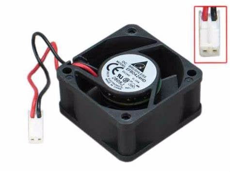 DC 24V 0.14A, 40x40x20mm EFB0424HD Delta Fan - a black 40x40x20mm square DC brushless fan with a two-pin white connector and a red and black wire, shown with a connector close-up.