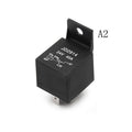 DC 24V 40A 5 Terminals Male Power Connector Relay - a black cubic electronic relay with a mounting bracket and printed wiring diagram on its side.