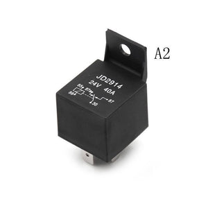 DC 24V 40A 5 Terminals Male Power Connector Relay - a black cubic electronic relay with a mounting bracket and printed wiring diagram on its side.