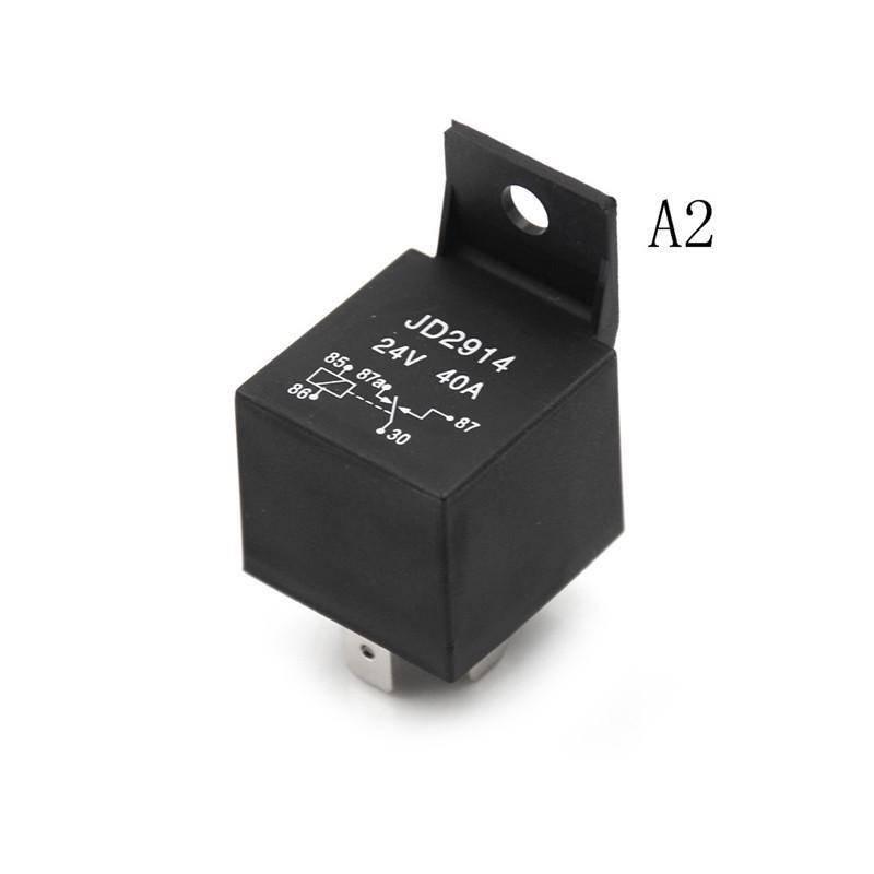 DC 24V 40A 5 Terminals Male Power Connector Relay - a black cubic electronic relay with a mounting bracket and printed wiring diagram on its side.