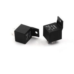 DC 24V 40A 5 Terminals Male Power Connector Relay - two black rectangular relays with mounting brackets and printed terminal diagrams on top.