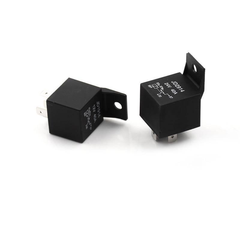 DC 24V 40A 5 Terminals Male Power Connector Relay - two black rectangular relays with mounting brackets and printed terminal diagrams on top.