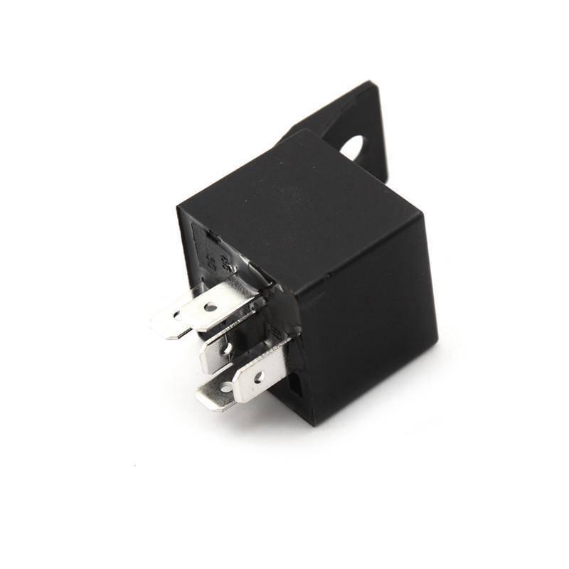 DC 24V 40A 5 Terminals Male Power Connector Relay - a black cubic electronic relay featuring five metal blade terminals on its base and a mounting tab.
