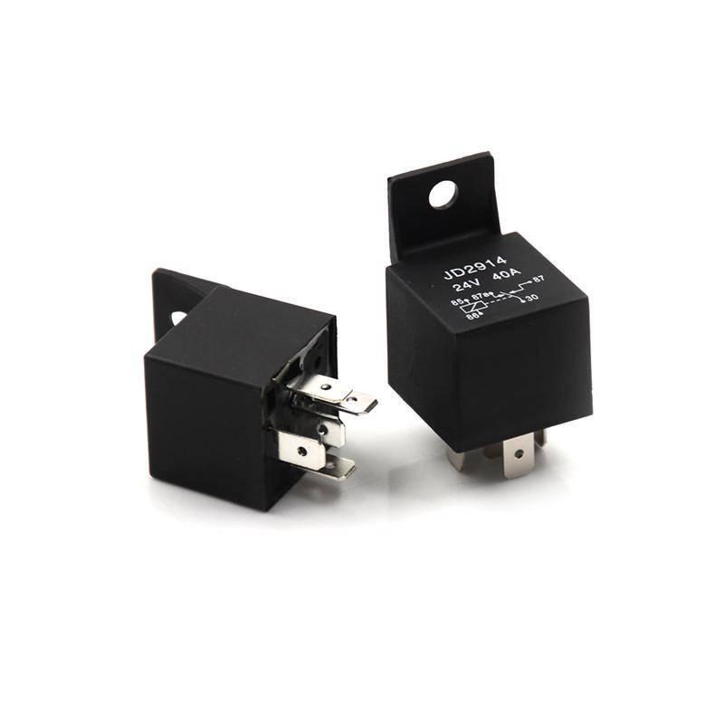 DC 24V 40A 5 Terminals Male Power Connector Relay - two black cubic relays with five metal contact pins and printed specifications on the top.