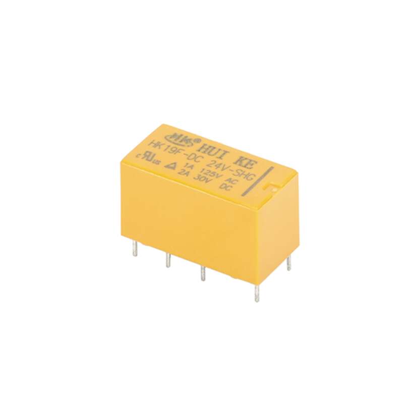 DC 24V Coil DPDT 8 Pin PCB General Purpose Power Relay HK19F - a small rectangular yellow electronic component with eight metal pins extending from its base.