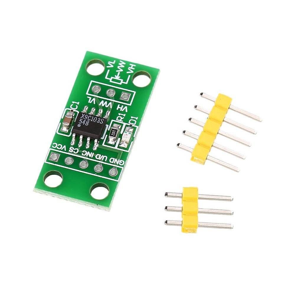 DC 3V-5V X9C103S Digital Potentiometer Module Board For Arduino - a green rectangular PCB with an integrated circuit, pins, and two separate sets of header pins.