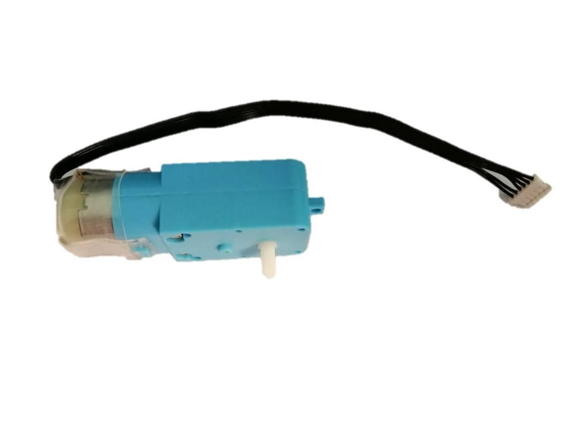 DC 3V-6V Geared Blue Tt Motor For Robot - plastic gear box, a metal motor, a white output shaft, and a black ribbon cable with a connector.