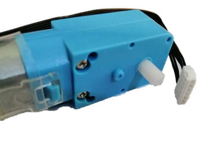 DC 3V-6V Geared Blue Tt Motor For Robot - a close-up of the blue plastic gearbox, white output shaft, and attached black wires with a white connector.