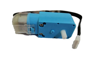 DC 3V-6V Geared Blue Tt Motor For Robot - plastic gearbox, a metal motor, a white output shaft, and a black wire with a white connector.