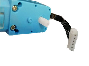 DC 3V-6V Geared Blue Tt Motor For Robot - a close-up of the blue plastic motor housing, white output shaft, and attached black wire connector.