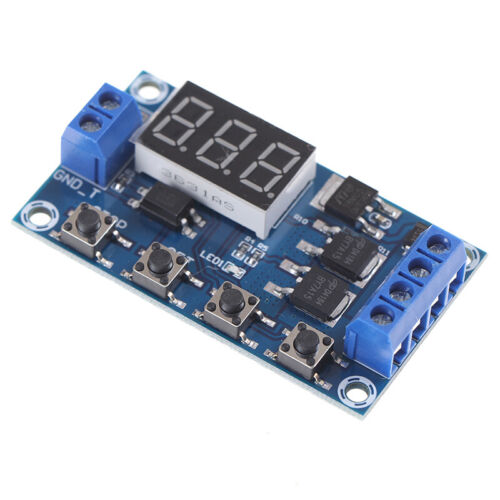 DC 5-30V Dual Mos LED Digital Time Delay Relay Switch Module Circuit Board - a blue circuit board with a three-digit LED display, four buttons, and terminal blocks.