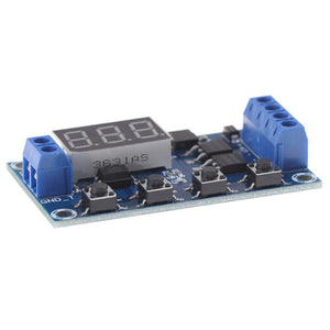 DC 5-30V Dual Mos LED Digital Time Delay Relay Switch Module Circuit Board - a blue circuit board featuring a three-digit LED display, four push buttons, and two terminals.