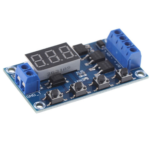 DC 5-30V Dual Mos LED Digital Time Delay Relay Switch Module Circuit Board - a blue circuit board with a three-digit LED display, four buttons, and two terminals.