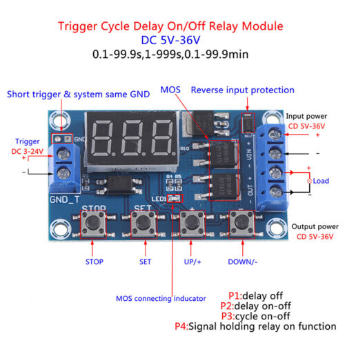 DC 5-30V Dual Mos LED Digital Time Delay Relay Switch Module Circuit Board - a blue circuit board with a three-digit display, four buttons, and screw terminals.
