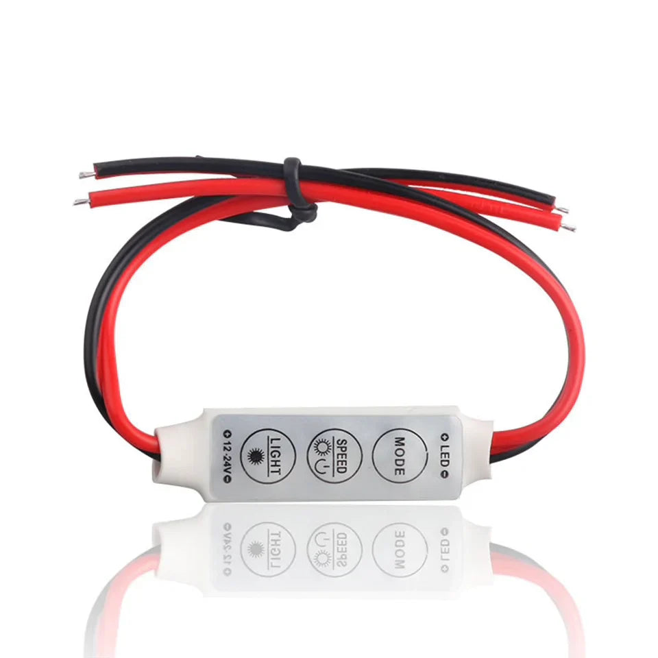 DC 5V 12V 24V Mini LED Controller Dimmer Flasher Blinker Driver To Control Single Color LED Strip Light - a white rectangular inline dimmer with red and black wires, featuring three buttons labeled LIGHT, SPEED, and MODE.