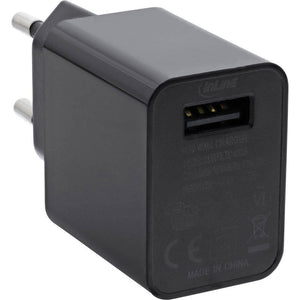 DC 5V 2A Or 2.5A Or 3A 100-240VAC - a black, rectangular power adapter with a two-pin European plug and a single USB-A output port.