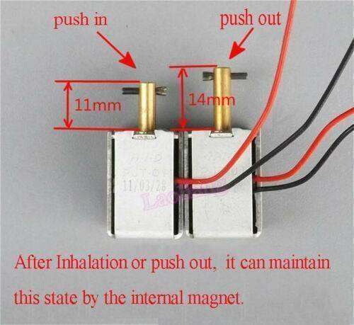 DC 6-12V Bidirectional Self-retaining Solenoid Push Pull Electromagnet PJT-01D - shown as two silver rectangular metal units with brass plungers and red and black wire leads.
