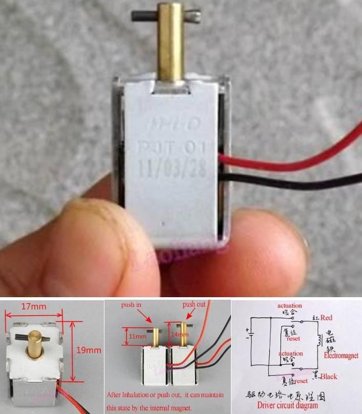 DC 6-12V Bidirectional Self-retaining Solenoid Push Pull Electromagnet PJT-01D - shown as a silver rectangular unit with a brass plunger, red and black wires, and dimension diagrams.