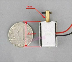 DC 6-12V Bidirectional Self-retaining Solenoid Push Pull Electromagnet PJT-01D - shown next to a coin for scale, with red and black wires and dimension markers in millimeters.