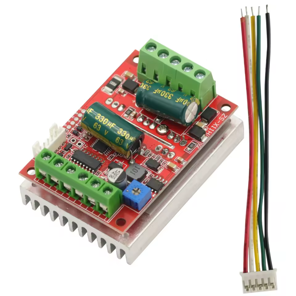 DC 6-60V 400W BLDC Three Phase DC Brushless Motor Controller PWM Hall Motor Control Driver Board 12V 24V 48V - a red circuit board with two green screw terminals, a blue potentiometer, a silver heatsink, and a five-wire cable.