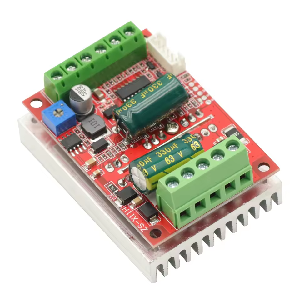 DC 6-60V 400W BLDC Three Phase DC Brushless Motor Controller PWM Hall Motor Control Driver Board 12V 24V 48V - a red circuit board with two green screw terminals, a blue potentiometer, and capacitors.