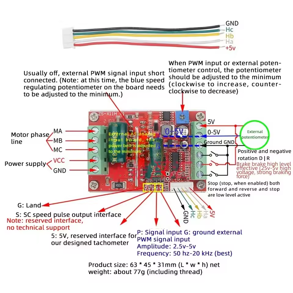 DC 6-60V 400W BLDC Three Phase DC Brushless Motor Controller PWM Hall Motor Control Driver Board 12V 24V 48V - with a wiring diagram, annotated labels, and a five-pin connector cable shown in a technical specification view.
