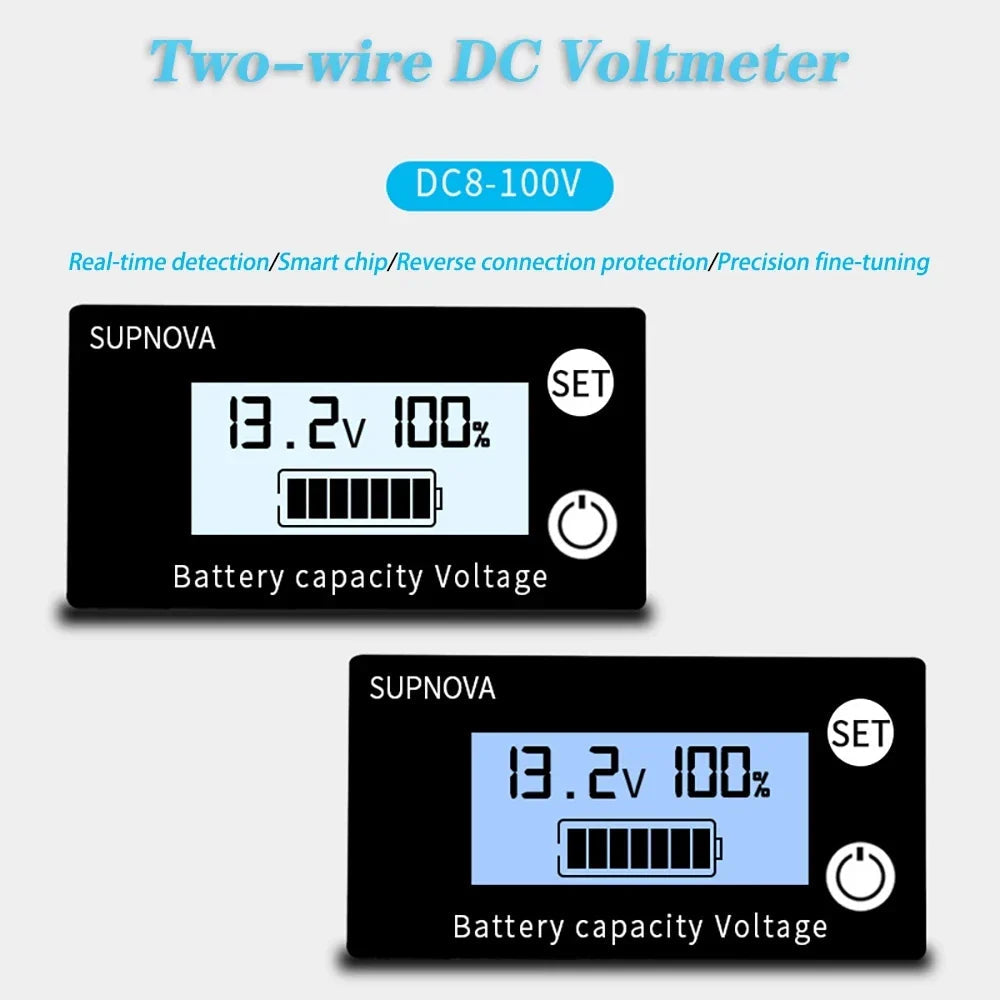 DC 8V-100V Battery Capacity Indicator Lead Acid Lithium LiFePO4 Car Motorcycle Voltmeter Voltage Gauge 12V 24V 48V 72V - two black rectangular units with LCD screens displaying 13.2v, 100%, a battery icon, and a SET button.