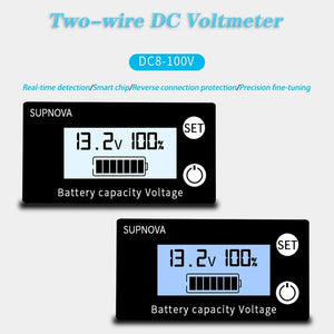 DC 8V-100V Battery Capacity Indicator Lead Acid Lithium LiFePO4 Car Motorcycle Voltmeter Voltage Gauge 12V 24V 48V 72V - two black rectangular units with LCD screens displaying 13.2v, 100%, a battery icon, and a SET button.