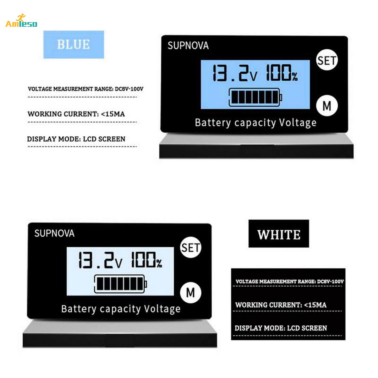 DC 8V-100V Battery Capacity Indicator Lead Acid Lithium LiFePO4 Car Motorcycle Voltmeter Voltage Gauge 12V 24V 48V 72V - two LCD screen color options, blue and white, each displaying 13.2V, 100% capacity, and two side buttons.