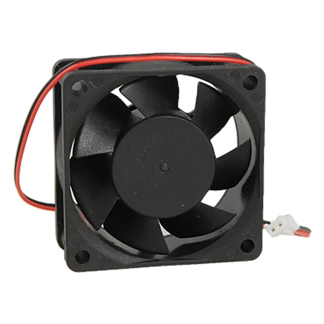 DC Brushless Fan 24V 0.15A 60mm X 60mm X 25mm - a black square cooling fan with seven blades, a red and black power wire, and a two-pin connector.