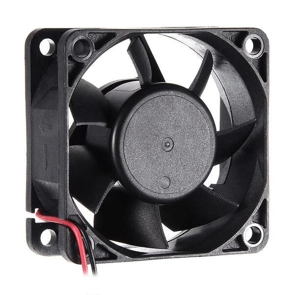 DC Brushless Fan 24V 0.15A 60mm X 60mm X 25mm - a square black cooling fan with seven blades and two red and black power wires extending from one side.