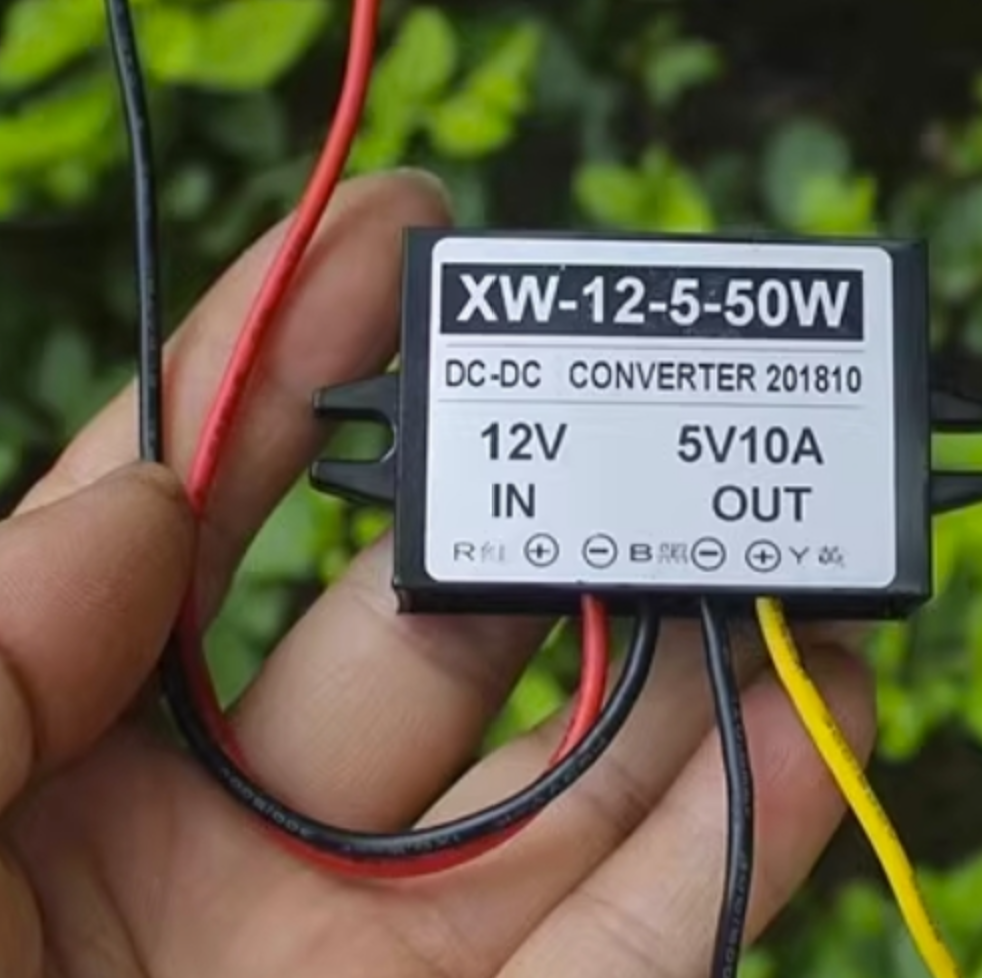 DC-DC 12V To 5V 10A Step Down Buck Converter Power Regulator - the black rectangular housing with red, black, and yellow wires.