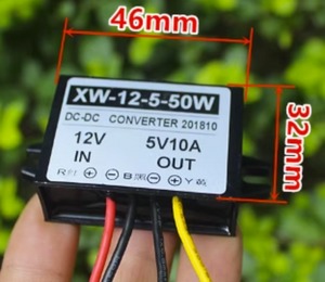 DC-DC 12V To 5V 10A Step Down Buck Converter Power Regulator - shown as a black rectangular module with four wires and a dimension diagram overlaying the unit.