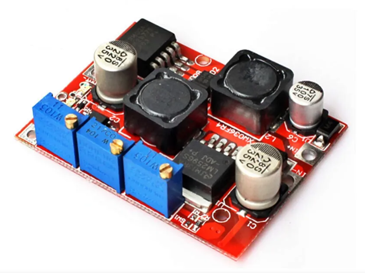 DC-DC Boost & Buck Voltage Converter LM2577 & LM2596 Module - a red circuit board, three blue potentiometers, two inductors, and three capacitors.