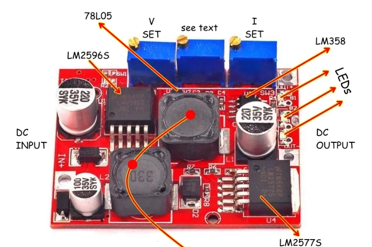 DC-DC Boost & Buck Voltage Converter LM2577 & LM2596 Module - a red circuit board featuring inductors, capacitors, three potentiometers, and IC chips.