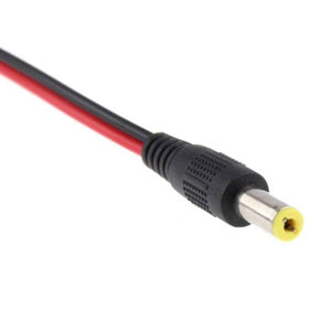 DC Male Power Connector DC Jack - a black and red wire attached to a black plastic connector housing with a yellow-tipped metal barrel plug.