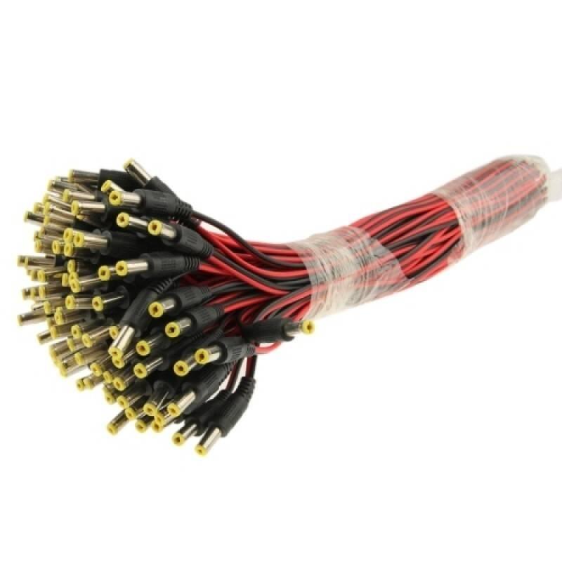 DC Male Power Connector DC Jack - a large bundle of black and red wires with yellow-tipped DC barrel connectors tied together with clear tape.