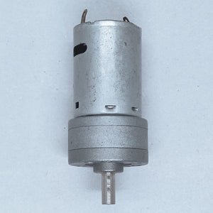 DC Motor DC Electric Geared Motor - shown as a silver cylindrical motor attached to a grey metal gearbox with a protruding drive shaft and two top terminals.