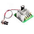 DC Motor Speed Controller DC 6V-90V 15A With Potentiometer - a green circuit board with a silver heatsink, screw terminals, and a wired knob.