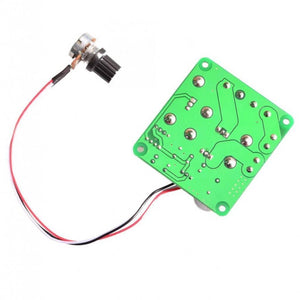 DC Motor Speed Controller DC 6V-90V 15A With Potentiometer - green circuit board, a black rotary potentiometer, and attached red, black, and white wires.