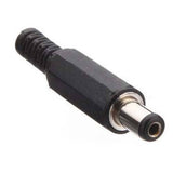DC Power Connector Male 5.5mm External X 2.1mm Internal Dia - shown as a black, cylindrical male DC barrel plug with a flexible strain relief tail.