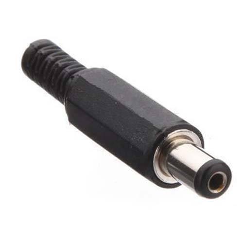 DC Power Connector Male 5.5mm External X 2.1mm Internal Dia - shown as a black, cylindrical male DC barrel plug with a flexible strain relief tail.