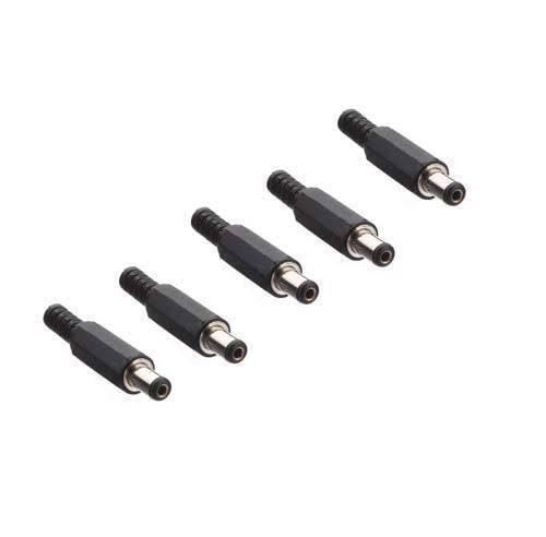 DC Power Connector Male 5.5mm External X 2.1mm Internal Dia - shown as a set of five identical black cylindrical male DC power connectors arranged diagonally.