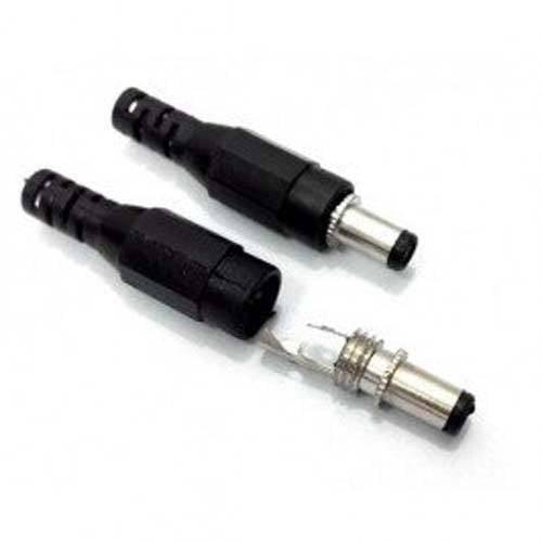 DC Power Connector Male 5.5mm External X 2.1mm Internal Dia - shown as two black plastic connectors, one assembled and one with the metal plug exposed.