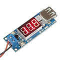 DC To DC 2A USB Charger 4.5-40V To 5V Step-down Buck Converter Voltmeter Module - with a red three-digit display, a USB port, and a blue screw terminal.