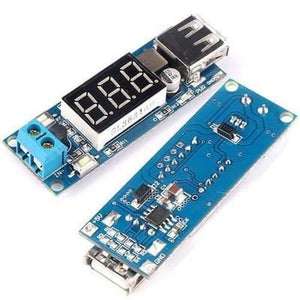 DC To DC 2A USB Charger 4.5-40V To 5V Step-down Buck Converter Voltmeter Module - shown as two blue circuit boards, one displaying a three-digit screen.
