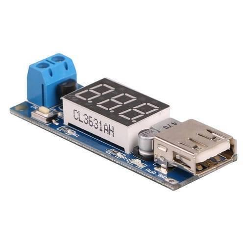 DC To DC 2A USB Charger 4.5-40V To 5V Step-down Buck Converter Voltmeter Module - with a blue screw terminal, a three-digit display, and a USB port.